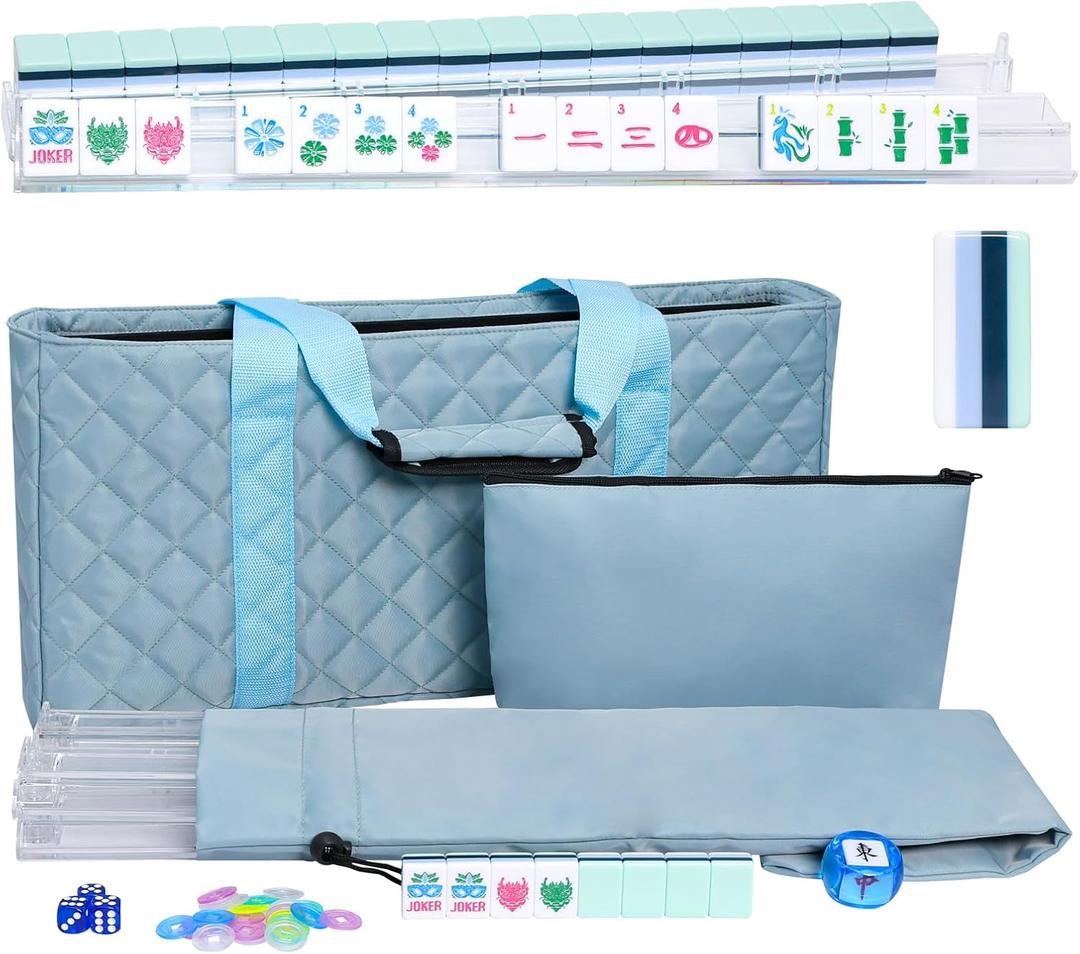 Jongyance American Mahjong Set(4 Layer) with Blue Carrying Bag, 160 Engraved Acrylic Tiles, 4 All-in-One Rack/Pushers, Mahjong Tiles Set (Ma Jong, Mah-Jongg, Majiang), 1 in x 1 in x 19 in