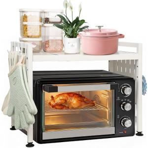 Expandable Microwave Stand Countertop, Heavy Duty Over Microwave Shelf Countertop, 2 Tier Metal Microwave Oven Rack Shelf for Kitchen Tabletop with 4 Hooks,Holds 160lb,Height Adjustable,White