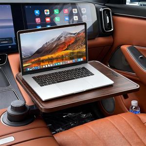 HZGAMER Wood Car Desk for Laptop, 360 Rotating Wood Cup Holder Table Tray for Drivers and Passengers, Car Accessories Compatible with Tesla Model Y/3/S, Ford F150/Explorer/Maverick & Most Vehicles