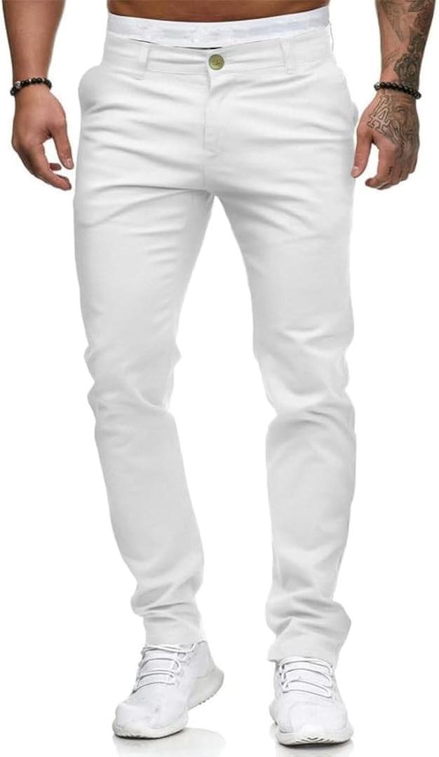 HUNGSON Mens Chinos Slim Fit Stretch Flat-Front Skinny Dress Pants (White,36W*30L)