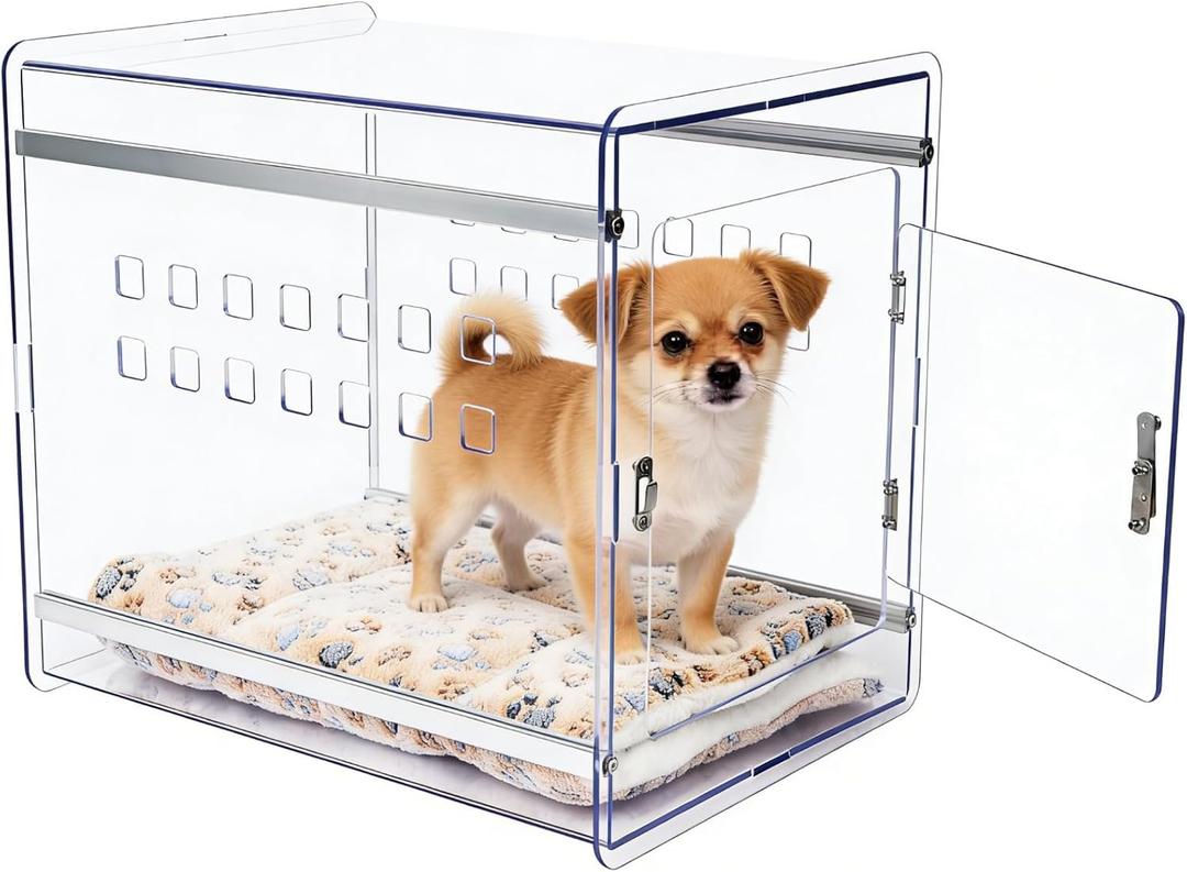 Dog Crate Furniture, Clear Indoor Dog Kennel for Small to Medium Dog, Durable Crack-Resistant PC Polycarbonate Pet Kennel, Lockable & Ventilated, Modern Dog Crate End Table,21.6"Lx15.7"Wx17.7"H