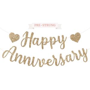 Pre-Strung Happy Anniversary Banner - No DIY - Gold Glitter Wedding Anniversary Party Banner in Script - Pre-Strung Garland on 6 ft Strands - Wedding Decorations & Decor. Did We Mention No DIY
