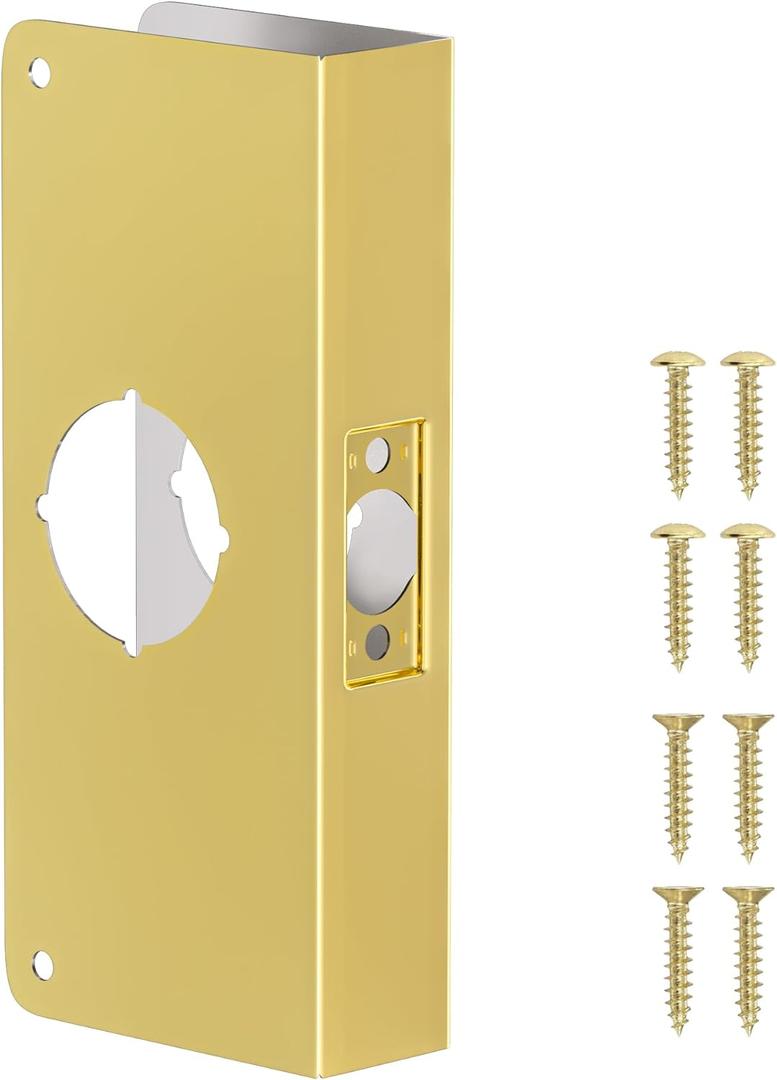 Door Knob Reinforcement Plate, Polished Gold, Fits 1-3/4" Doors, 2-3/8" Backset, Door Lock and Door Knob Cover Plate, Deadbolt Cover Plate Reinforce and Repair Wood or Metal Doors (NSHL-60-45)