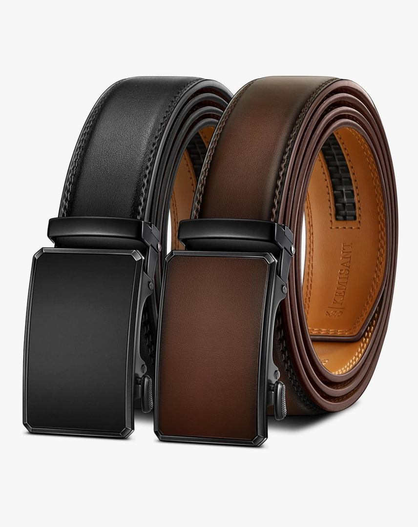 KEMISANT Men Belt 2 Pack, Leather Ratchet Belt Easy Click Slide For Men 1 3/8",Cut for Fit 48-56"