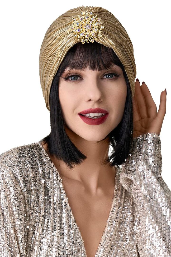 BABEYOND Women's Turban Hat with Crystal Vintage Head Wrap Knit Pleated Turban Gold