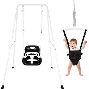 4-in-1 Toddler Swing Set & Baby Jumper and Bouncers, Heavy Duty Baby Swing Set with Foldable Metal Stand for Indoor & Outdoor, Suitable for Children 6 Months and Older, Easy to Assemble & Store
