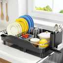 Urackify Expandable Dish Rack for Kitchen Counter,16.14"-23.62" Large Stainless Steel Dish Drying Rack with Adjustable Water Spout, Space Saving Dish Drainer with Auto Draining Cutlery Holder,Black