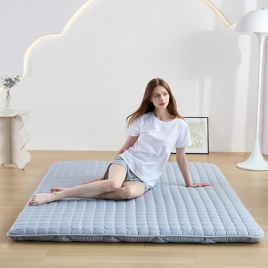 Zelladorra Japanese Floor Mattress Full, Anti-Slip Japanese Futon Roll Up Tatami Mat for Guests, Grey