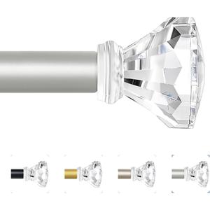 Silver Decorative Crystal Curtain Rods 66 to 120 Inch:Heavy Duty Adjustable Window Curtains Rods for Living Room Bedroom,Nickel Modern Girly Acrylic Drapery Rod with Clear Bling Diamond Finials
