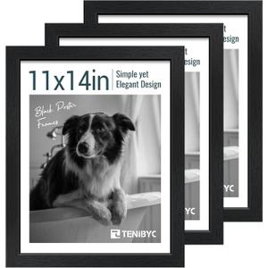11x14 Picture Frame Set - 3 Pack, Textured Black Solid Wood, HD Tempered Glass, Wall Gallery Photo Frame