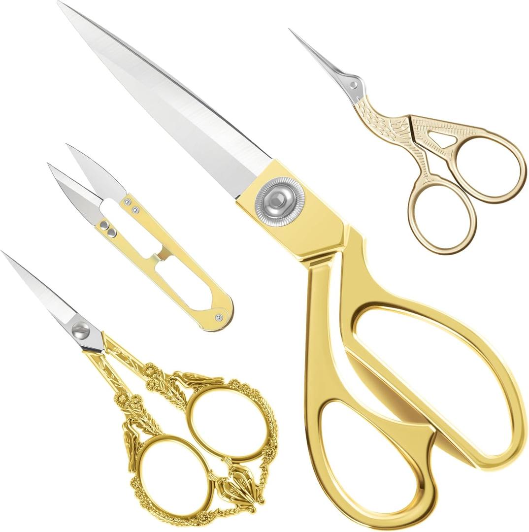 Therwen 4 Pcs Gold Sewing Scissors Set Vintage Embroidery Scissors Stork Bird Crane Design for Stitch Cutting Needlework Embroidery Sewing