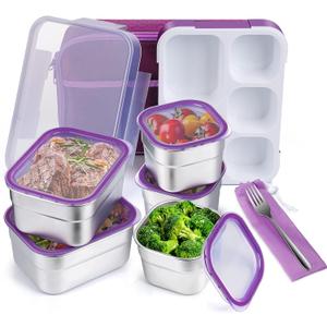 DaCool Stainless Steel Kids Bento Lunch Box Leak Proof BPA-Free School Lunch Container 5-Compartment with Lunch Bag and Fork for Toddler Child Adult, Food Snack Container for Picnic Outdoors,Purple
