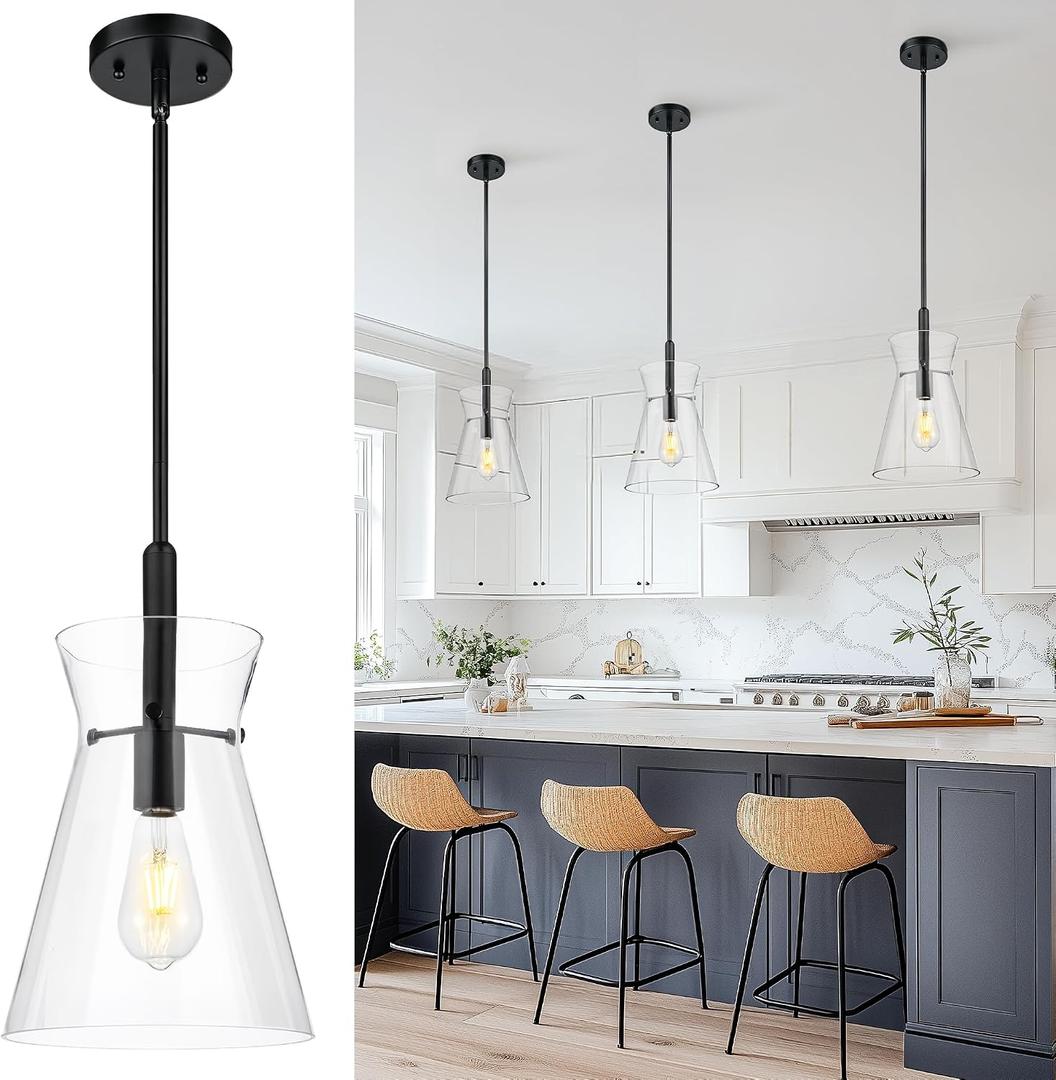 Emak Black Pendant Lights Kitchen Island, Modern 9 Inch Large Clear Glass Pendant Light, Farmhouse Hanging Lights for Kitchen, Dining Room, PL130-BK-CG