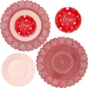 Jinei 6 Pcs Valentine's Day Tableware Set Include Large Pink Ceramic Flat Plates Valentine's Red Dinner Ceramic Plates and Place Mats for Wedding Anniversary Party Decorations