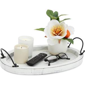 Oval Wood Serving Tray with Handles - Rustic White Decorative Platter for Coffee Table Decor, Living Room, and Farmhouse Decor - 16 x 11 x 2 in