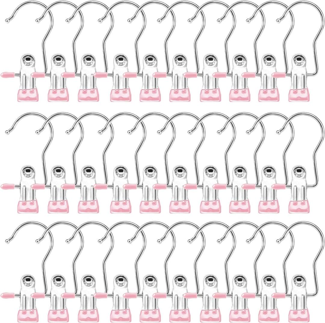 Boot Hangers for Closet, Hanging Clips Laundry Hooks Clothes Pins Closet Hanger Organizer Clamps Socks Towel Clips Heavy Duty Clothespins Bulk Hanger Clips for Closet Travel Pants Socks Handbags (30 PACK, Pink)