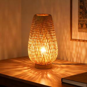 Boho Bamboo Table Lamp, Dimmable Rustic Farmhouse Hand Wicker Desk Lamp Bedside Lamps Night Light Decorations for Bedroom, Living Room, Home Office, Nursery, Reading Nook (Bulb Included)