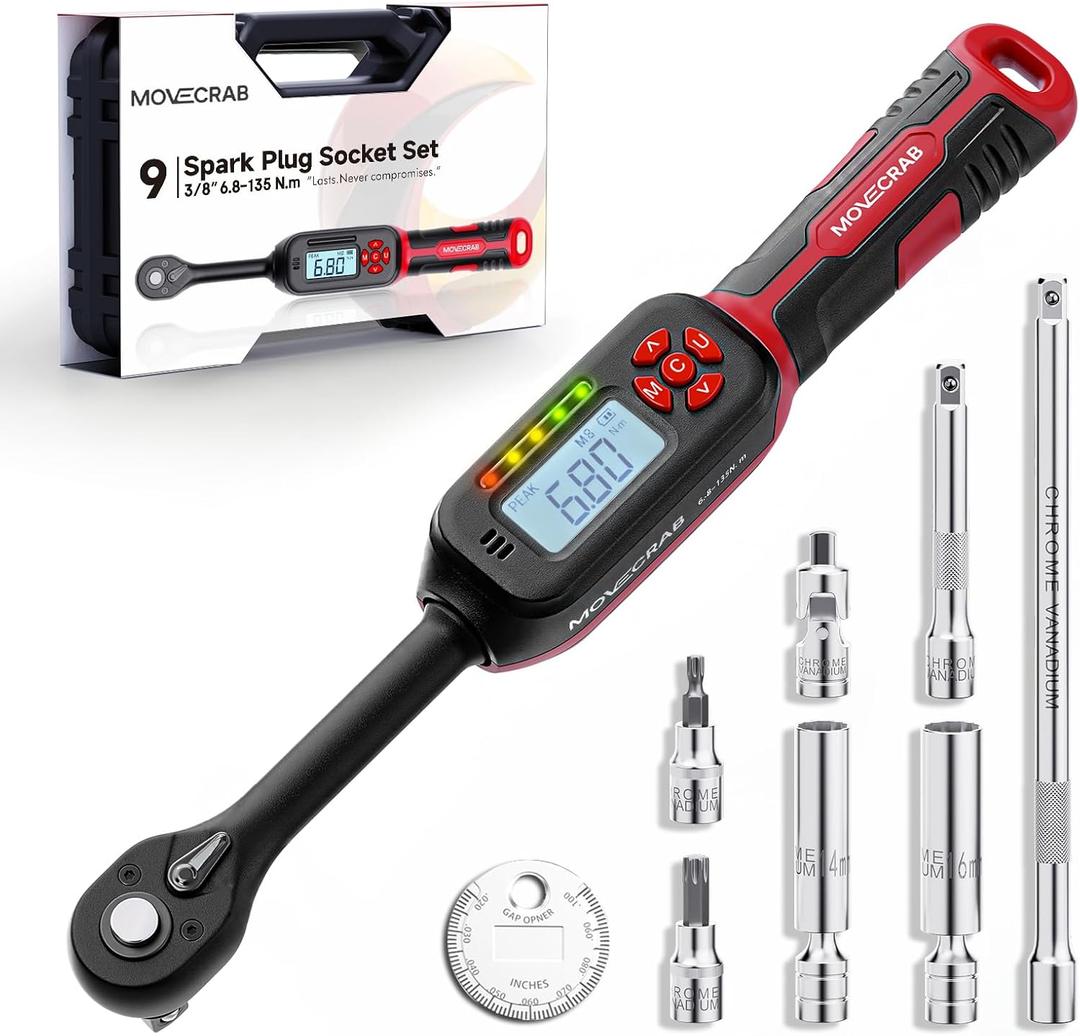 3/8 Torque Wrench Digital (5-99.6 Ft.Lb/6.8-135 N.m) 2% Accuracy Digital Spark Plug Socket & Tire Inch Pound Torque Wrench with Buzzer and LED Flash Notification Track Mode for Moto Auto