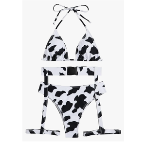 SHENHE Women's 3 Piece Cow Print Cut Out Tie Backless Halter Triangle Bikini Swimsuit Bathing Suit, Small