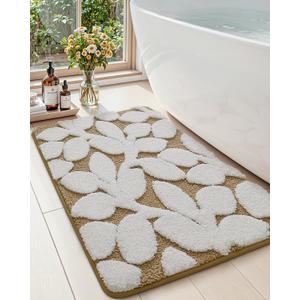 DEXI Bathroom Rugs Non Slip, 16x24 Washable Microfiber Bath Mat Quick Dry, Absorbent Ultra Soft Leaf Plant Bathmat for Shower Floor Tub Sink, Brown