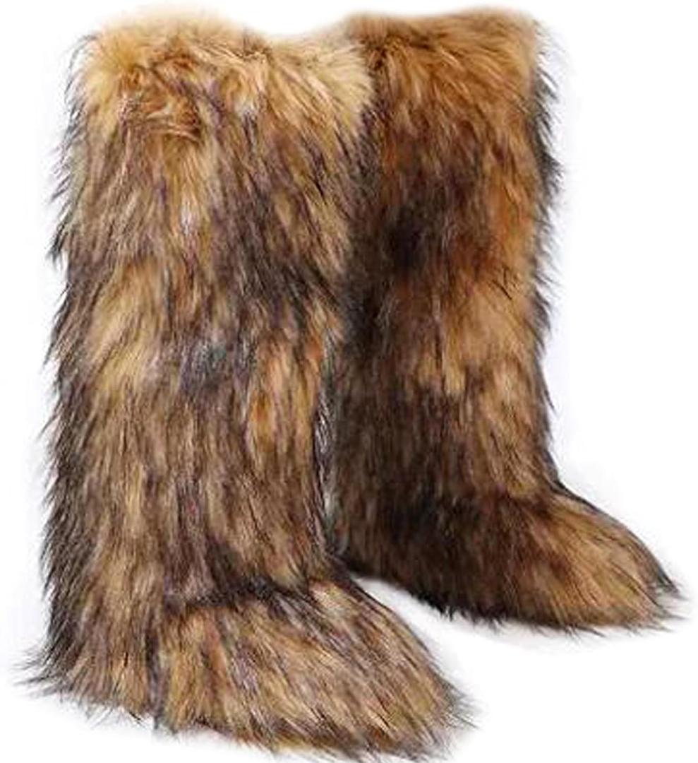 Tall Furry Faux Fur Boots for Women,Winter Snow Fluffy Long Boots for Girls,Knee-High Flat (Brown)