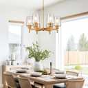 6-Light Gold Chandelier for Dining Room Farmhouse Chandeliers with Water Ripple Wine Glass Shades Adjustable Height Hanging Pendant Lights for Kitchen Living Room Bedroom Entryway, 6-Light Stone-Textured Glass
