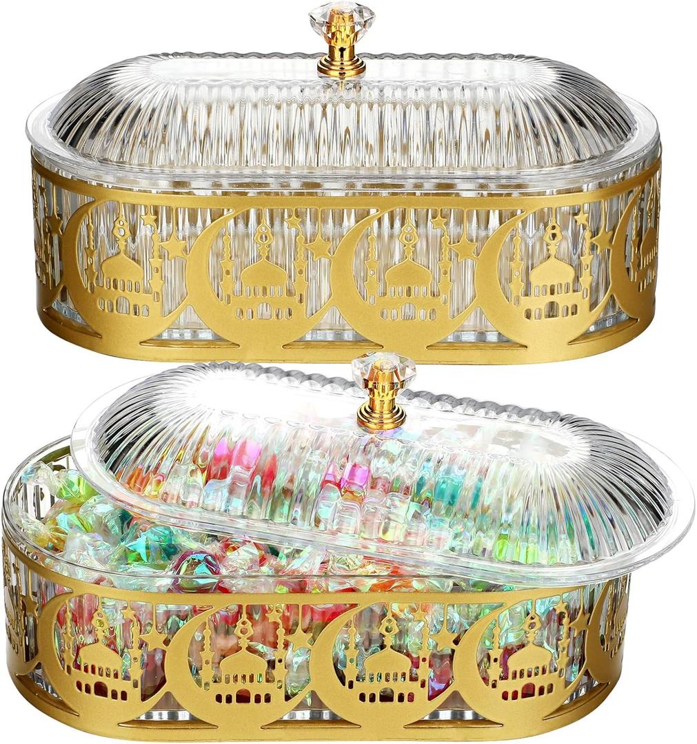 Willinglong 2 Pcs Ramadan Trays with Lid Eid Mubarak Gold Plates Dishes Table Decoration Muslim Islamic Serving Trays Metal Dessert Storage Container for Celebration (Ramadan Moon)