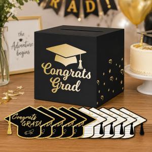 2 x Graduation Card Box with 30 Advice Cards, 31 Pcs Class of 2026 Graduation Decorations, 9 x 9 x 9 Inch Foldable Money Box and Wish Cards for Grad Party Gift Table, Black