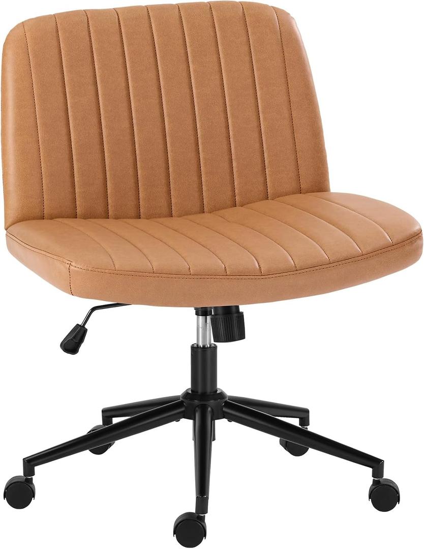 OLIXIS Criss Cross Chair with Wheels Wide Cross Legged Office Desk Vanity Chair Comfy Fabric Armless Adjustable Swivel for Home Computer Task PU Brown, Luxurious