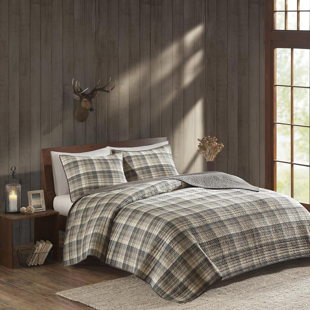 Woolrich Reversible Quilt Cabin Lifestyle Design - All Season, Breathable Coverlet Bedspread Bedding Set, Matching Shams, Oversized Full/Queen, Tasha Plaid Tan/Brown 3 Piece