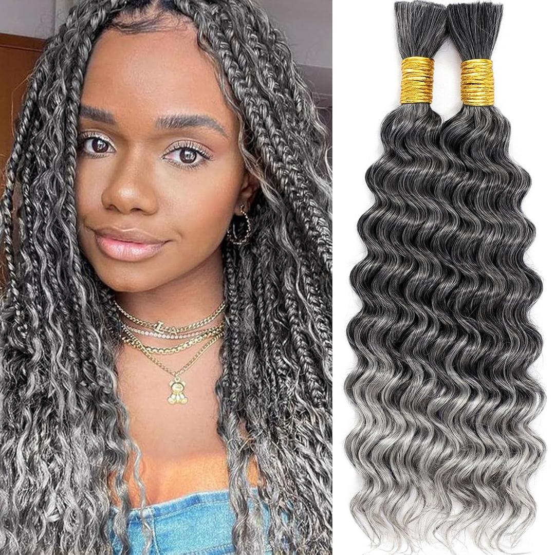 Grey Braiding Hair Deep Wave Bulk Hair for Braiding, No Weft Curly Braiding Hair Extensions for Boho Braids Wet and Wavy Bohemian Braiding Bundles Hair Extensions (18 Inch, 200G, 1B / Gray)