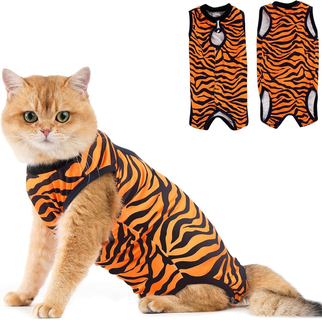 Avont Cat Recovery Suit - Kitten Onesie for Cats After Surgery, Cone of Shame Alternative Surgical Spay Suit for Female Cat, Post-Surgery or Skin Diseases Protection -Tiger,S