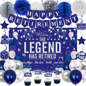Retirement Party Decorations Blue Silver Happy Retirement Decorations for Men Women, Happy Retirement Banner, Retired Backdrop, Balloons, Pompoms, Hanging Swirls, Retired Cards, Cake Toppers Set 54pcs