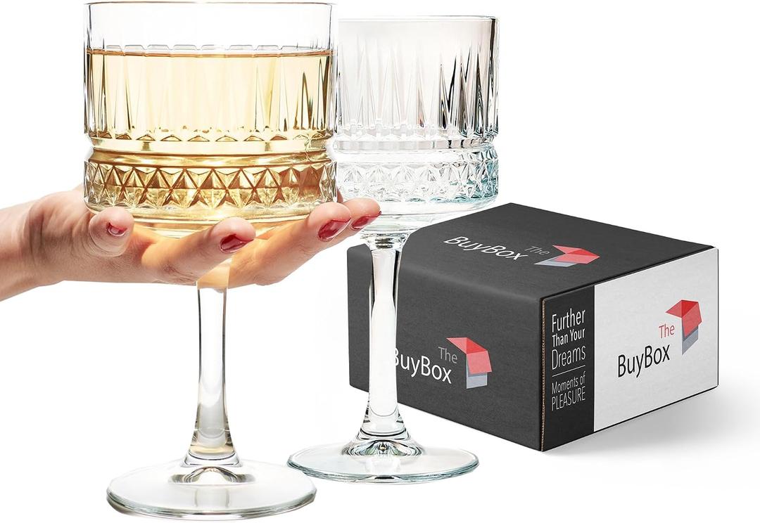 The Buybox Extra Large Glass Goblet, Vintage Coupe Glasses, Big Square Wine Glasses. Cocktail, Champagne, Margarita Glasses, Long Stem Glassware (16.9oz/500ml) (Set of 2 Glasses)