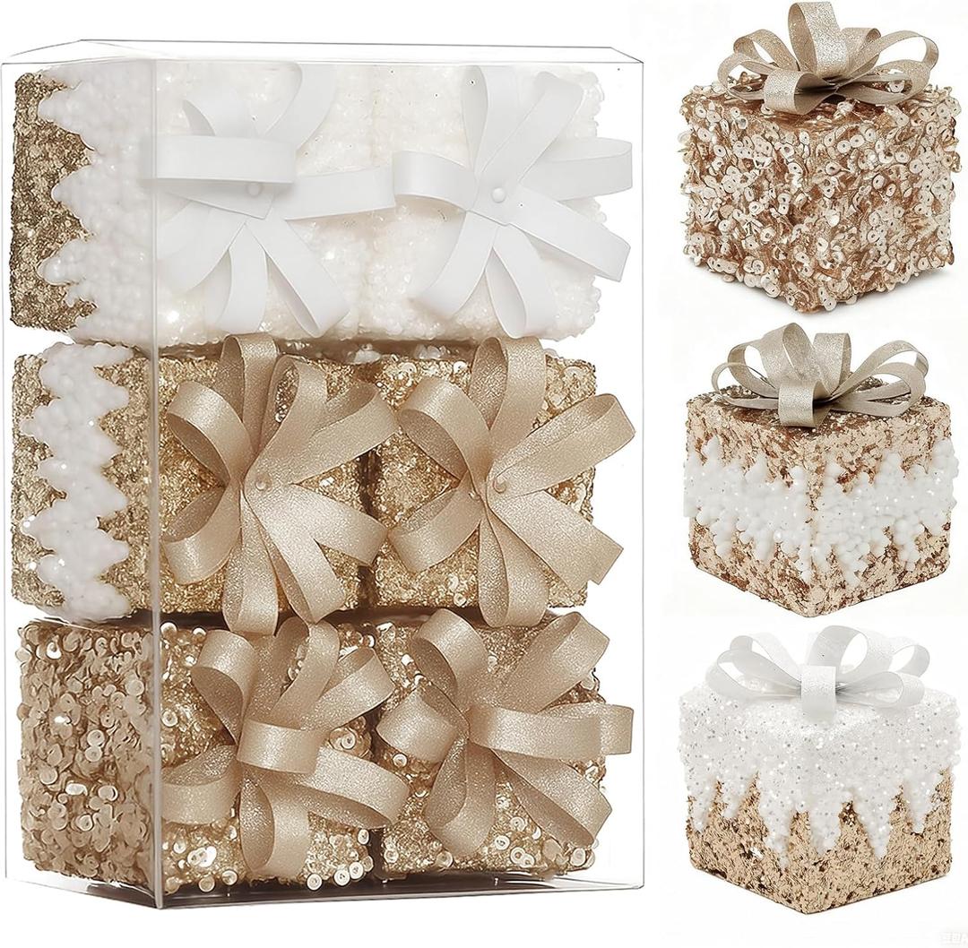 6Pcs Champagne Christmas Ornaments Set Shatterproof Glitter Gift Box Christmas Tree Ornaments Pre-Strung Sequined Hanging Decorations for Xmas Holiday Wedding and Party Decor