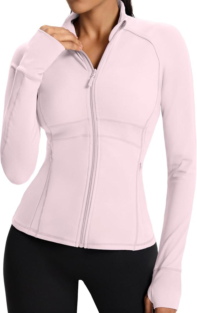 Waitfairy Zip Up Jackets for Women Yoga Gym Top Running Workout Jackets for Woman Track Jacket Women with Thumb Holes (X-Small, Peach Fuzz)