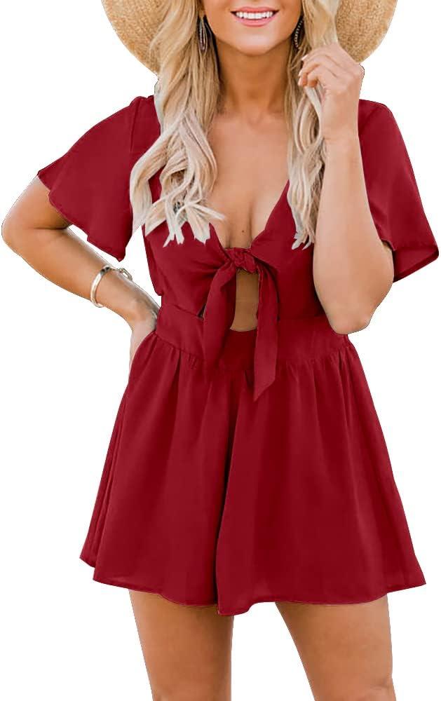 Aoysky Womens Summer Short Rompers Sexy Cute Loose Tie Front Jumpsuit Casual V Neck Wide Leg Beach Overalls (Red)