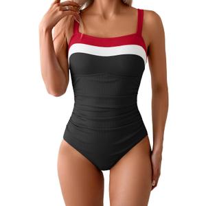 Women's Ribbed One Piece Swimsuits Color Block Tummy Control Bathing Suit Slimming 1 Piece Swimwear (S, Red-white-black)