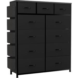 11 Drawer Fabric Storage Dresser for Bedroom Organization, Chest of Drawers with Deep Shelves, Side Pockets & Hooks, Sturdy Steel Frame & Wood Top, Baby/Kids Closet Organizer Unit. (Black)