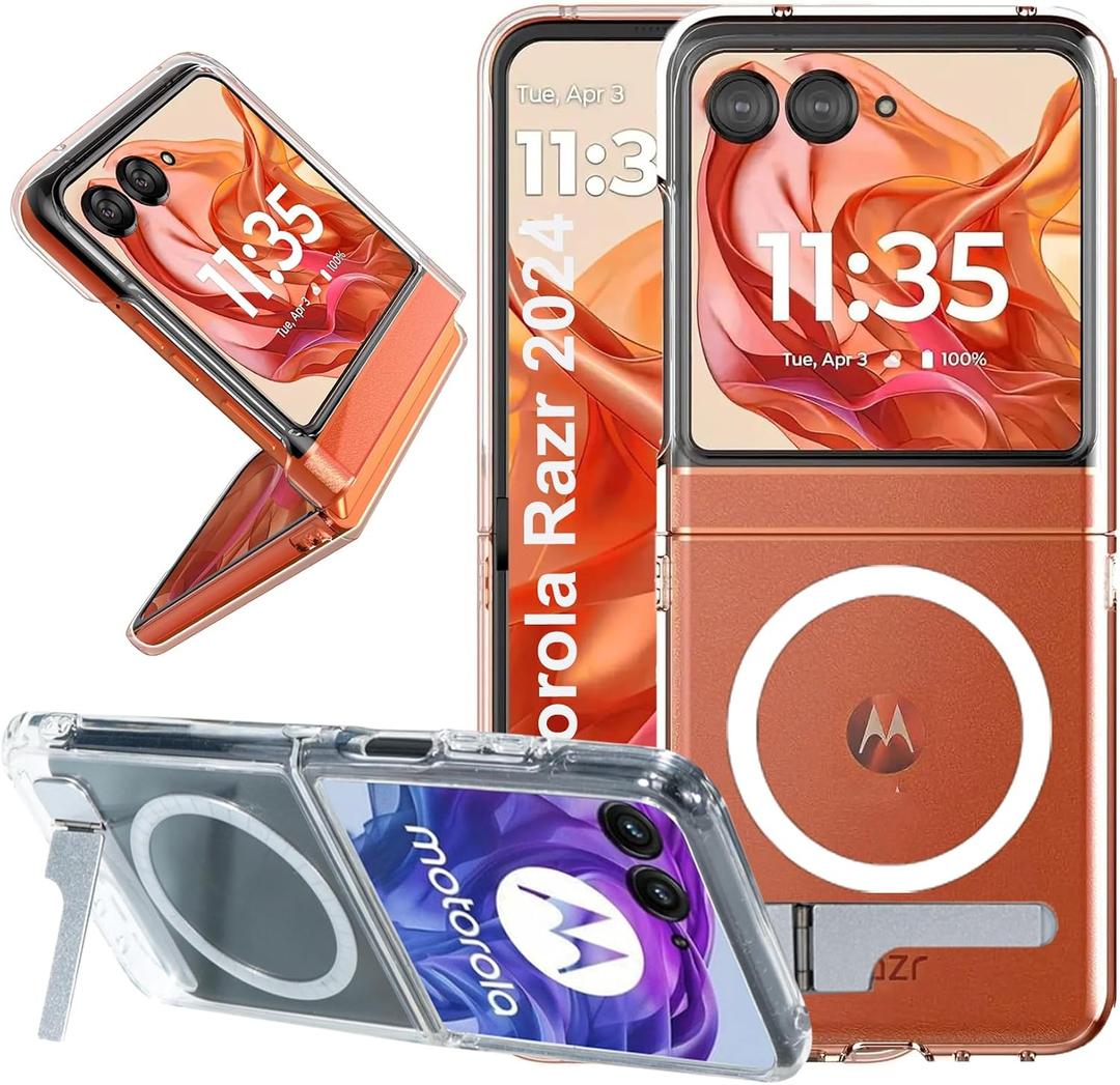 for Motorola Razr 2025 Case, Moto razr 2025 Case Compatible with Magsafe, Built-in 3-Ways Metal Kickstand & Strong Magnetic Ring, PC Back + TPU Bumper Protection Phone Cover (Clear)