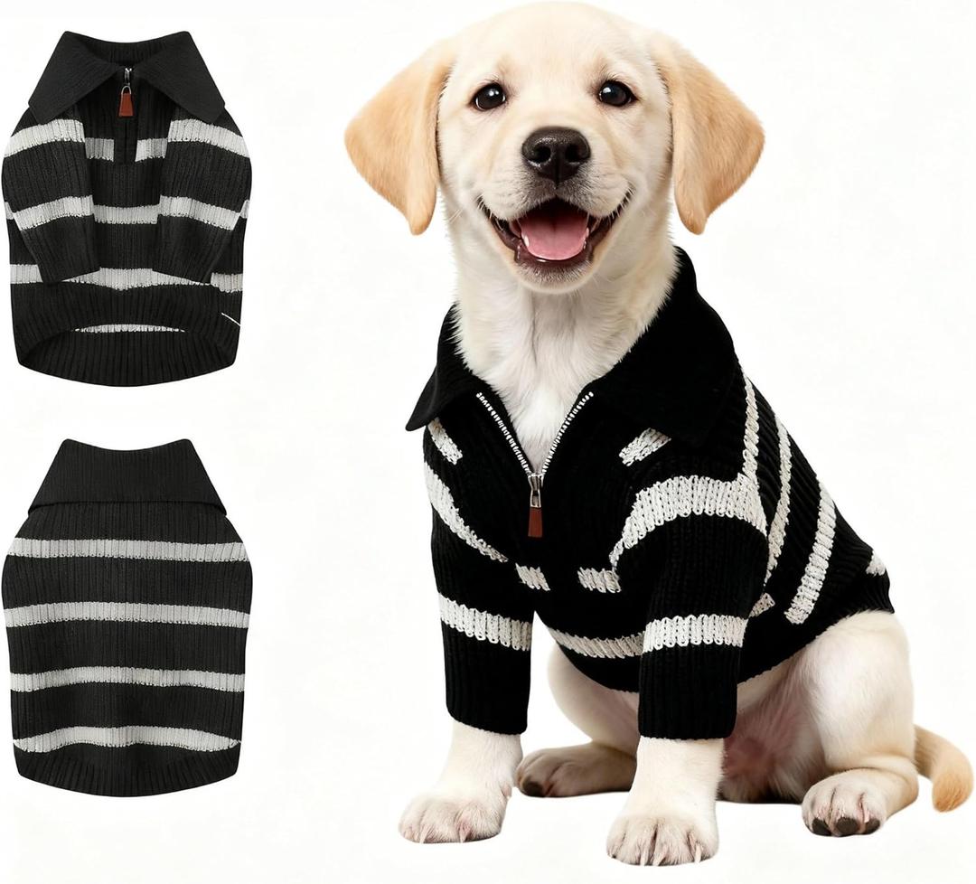 Small Dog Sweater with Zipper, Knitted Striped Pullover Dog Clothes for Cold Weather, Thick Warm Cozy Stretchy Sweater for Chihuahua, Bulldog, Dachshund, Pug(Black & White Strip, XL) (Black Stripe Zip(Order One Size Up))