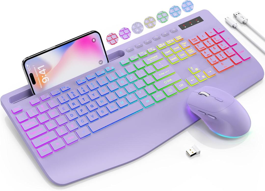 SABLUTE Wireless Keyboard and Mouse Combo, 9 Backlit Effects, Wrist Rest, Phone Holder, 2.4G Lag-Free Ergonomic Keyboards, Rechargeable Silent Cordless Set for Computer, Laptop, Mac, Windows (Purple)