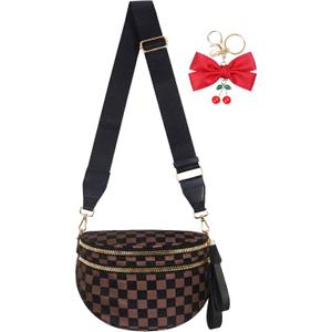 Checkered Crossbody Bag for Women, Spacious Sling & Stylish Bum Bag for Travel, Concerts, Festival, Nylon Fanny Pack Belt Bag (Brown Black Checkered)