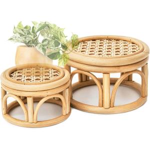 Set of 2 Small Boho Rattan Wicker Round Riser Plant Stand Indoor,Rustic Farmhouse Natural Wooden Circle Pedestal for Decor & Display, Tabletop, Office Decor (Round - 6" & 8")