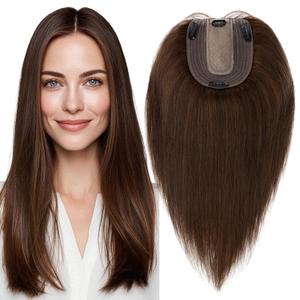 MY-LADY Human Hair Toppers for Women Real Human Hair Thin 10 * 12CM Silk Base with Lace 130% Density Clip in Remy Hairpieces 18 Inch Medium Brown