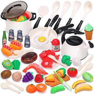 CUTE STONE Play Kitchen Accessories Toy, Play Food Sets for Kids Kitchen, Pretend Kitchen Set for Kids with Play Pots, Pans, Toddler Kitchen Playset Kitchen Toys for Girls Boys (White)