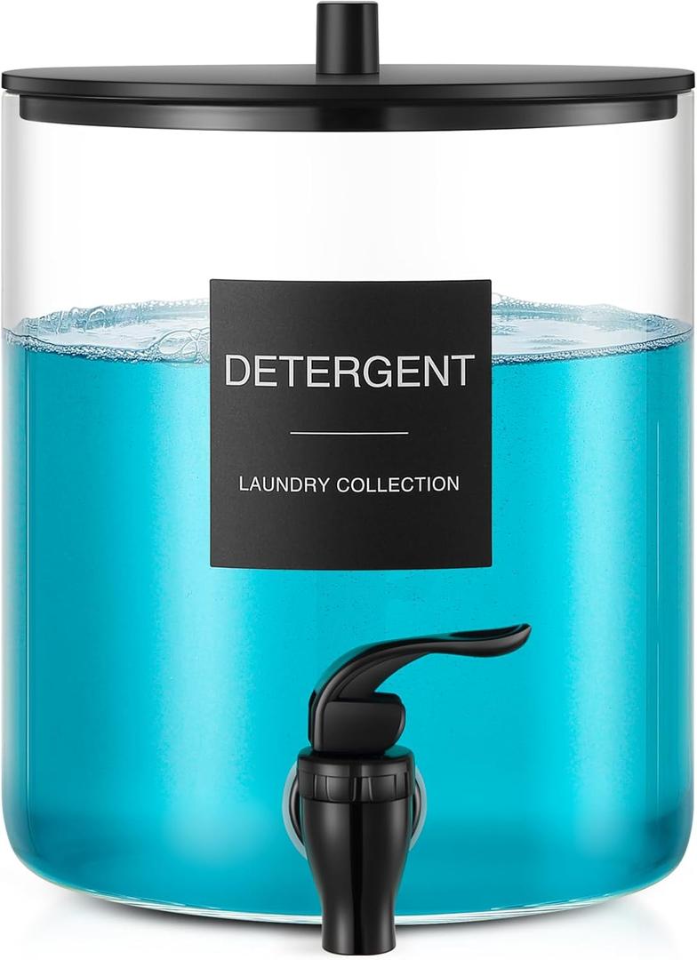 Glass Laundry Detergent Dispenser, 128 oz / 3.5L Fabric Softener Dispenser for Laundry Room Organization, Detergent Holder with Plastic Spigot (Black, 1 Pack)