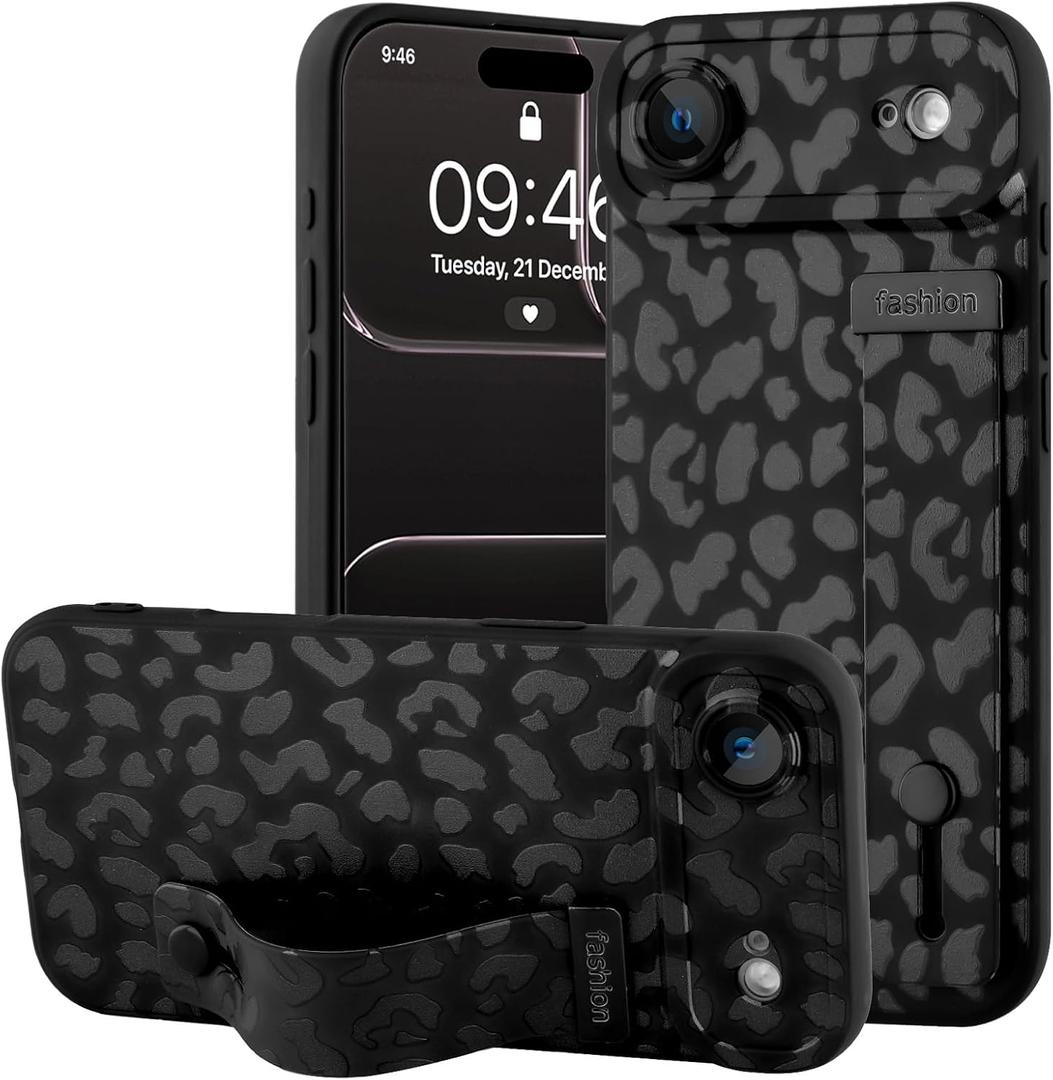 OOK Compatible with iPhone Air Leopard Case with Wrist Strap, Black Leopard Cheetah TPU Shockproof Protection Slim Cover with Camera Protection for Women Girls, for 6.5inch