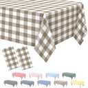 2 Pack Khaki Gingham Tablecloth, 54 x 108 Inches Khaki and White Checkered Tablecloths Plastic Table Cloth Disposable Picnic Tablecovers for Rectangle Table