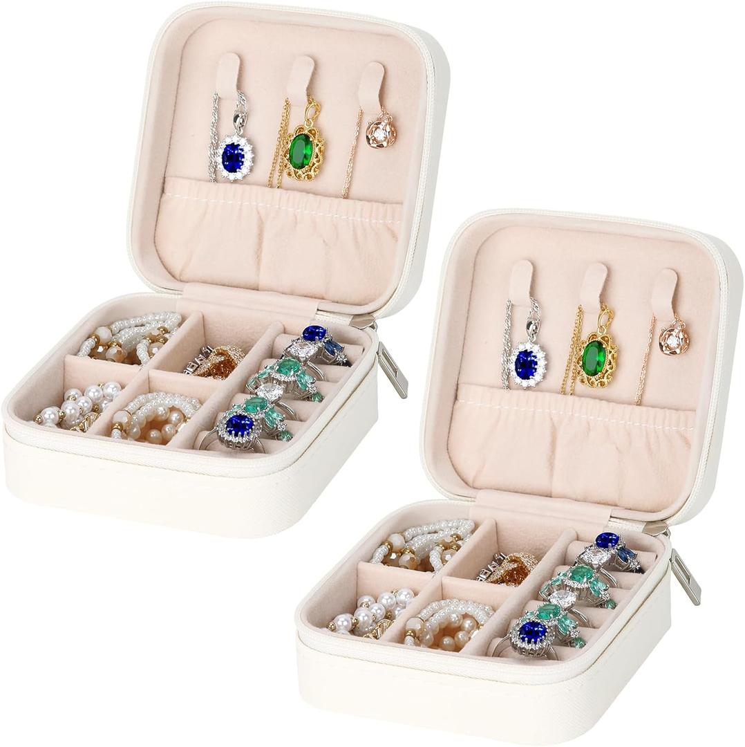 LETURE PU Leather Small Jewelry Box, Travel Portable Jewelry Case for Ring, Pendant, Earring, Necklace, Bracelet Organizer Storage Holder Boxes (WHITE-2PCS)